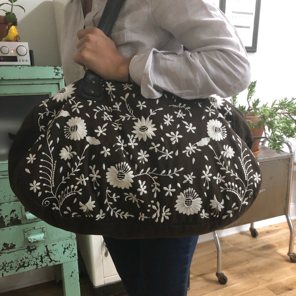 Large duffle like embroidered bag